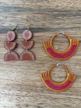 Handmade Clay and Orange-Pink Woven Hoop Earrings - lot of 2 pairs